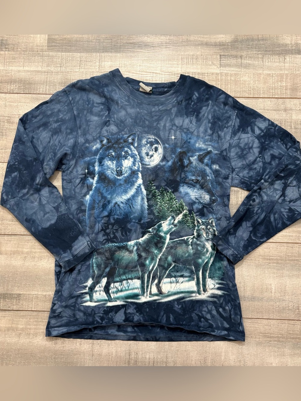 Vintage Back To Earth Nature Wear Hand Tie Dye Wolf LS Shirt Medium USA Blue 90s